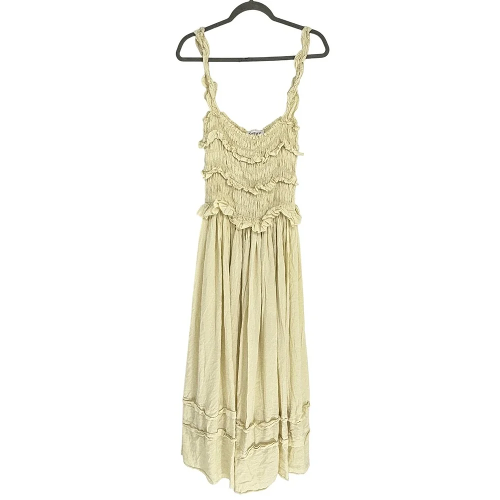 Esthe Pale Yellow Smocked Ruffle Maxi Dress Linen Blend Size S Greece $198 - Picture 4 of 8